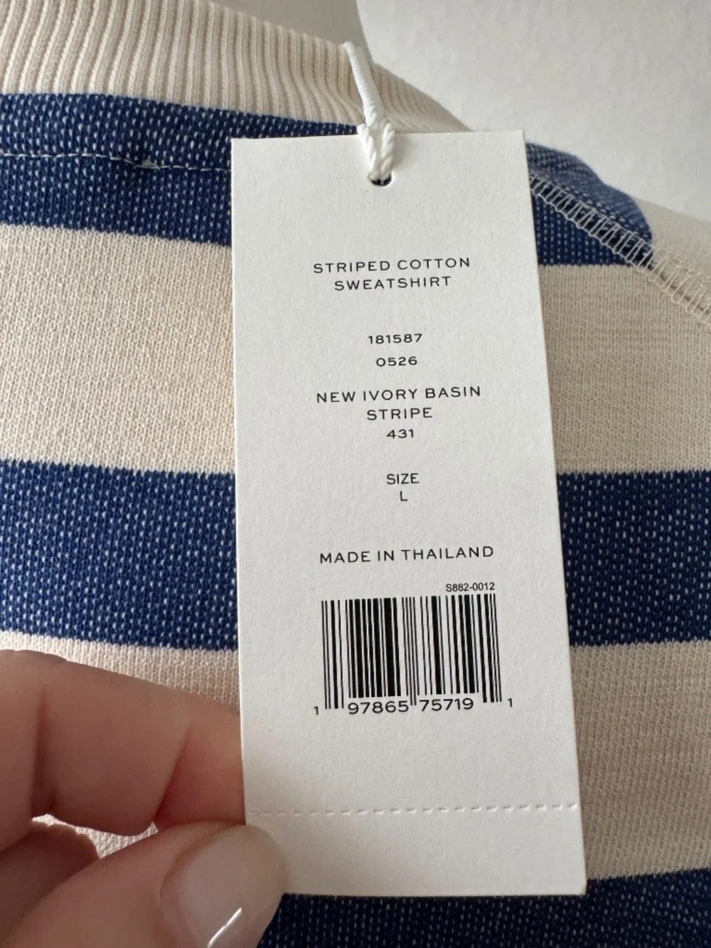 NWT Tory Burch Striped Cotton Sweatshirt New Ivory Basin Stripe Women's L